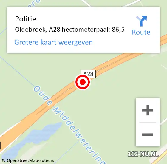 Locatie op kaart van de 112 melding: Politie Oldebroek, A28 hectometerpaal: 86,5 op 6 december 2023 16:44