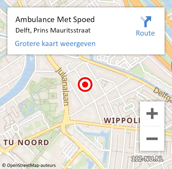 Locatie op kaart van de 112 melding: Ambulance Met Spoed Naar Delft, Prins Mauritsstraat op 6 december 2023 16:45