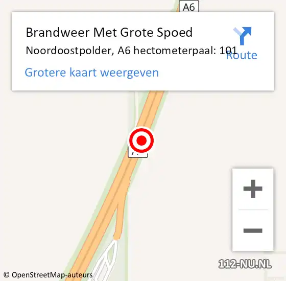 Locatie op kaart van de 112 melding: Brandweer Met Grote Spoed Naar Noordoostpolder, A6 hectometerpaal: 101 op 6 december 2023 17:05