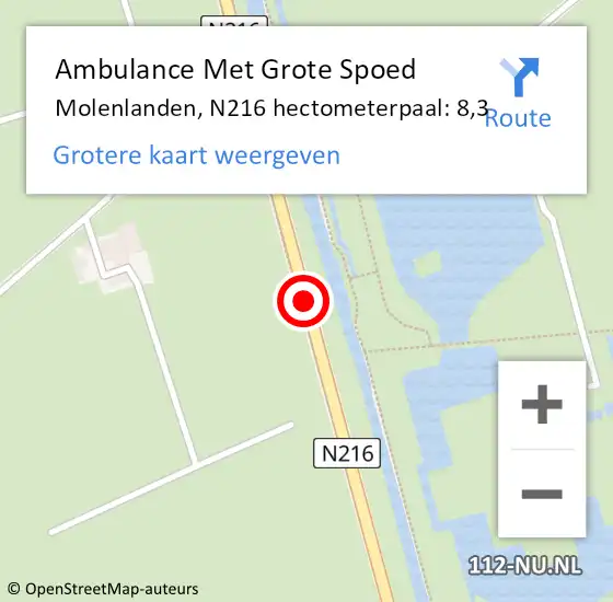 Locatie op kaart van de 112 melding: Ambulance Met Grote Spoed Naar Molenlanden, N216 hectometerpaal: 8,3 op 6 december 2023 17:44