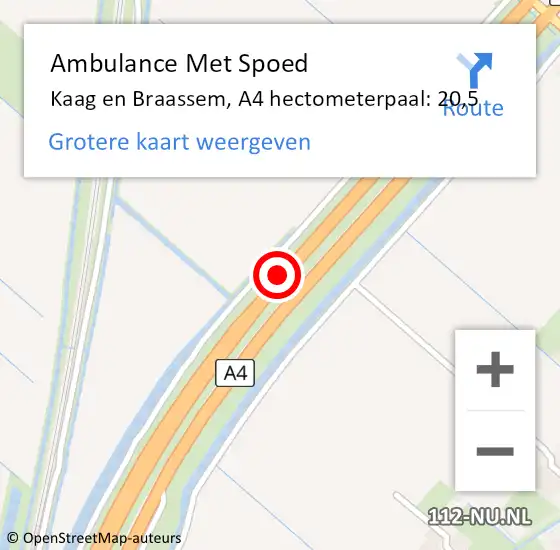 Locatie op kaart van de 112 melding: Ambulance Met Spoed Naar Kaag en Braassem, A4 hectometerpaal: 20,5 op 6 december 2023 18:12