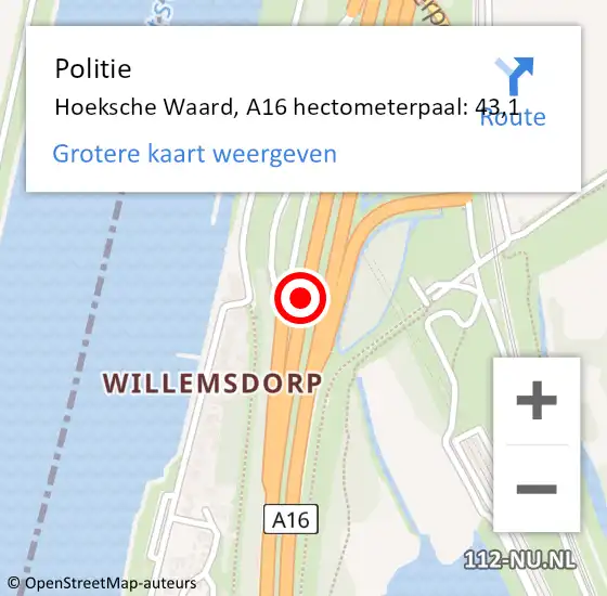 Locatie op kaart van de 112 melding: Politie Hoeksche Waard, A16 hectometerpaal: 43,1 op 6 december 2023 18:50