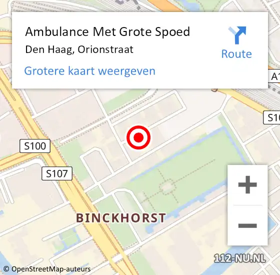 Locatie op kaart van de 112 melding: Ambulance Met Grote Spoed Naar Den Haag, Orionstraat op 6 december 2023 19:51