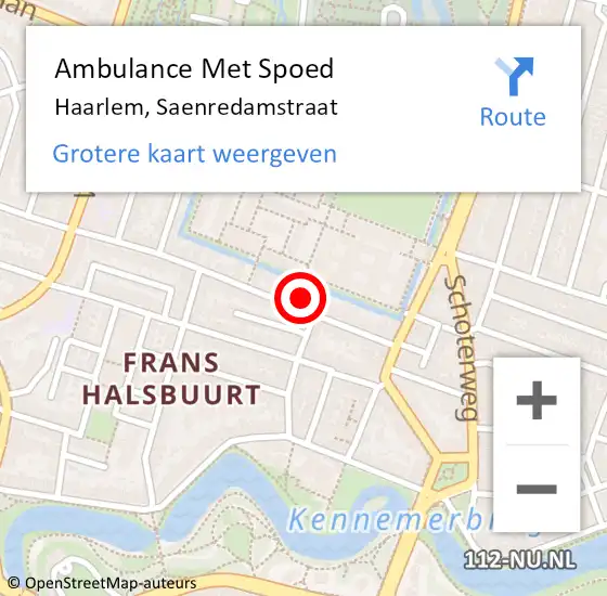 Locatie op kaart van de 112 melding: Ambulance Met Spoed Naar Haarlem, Saenredamstraat op 6 december 2023 22:17