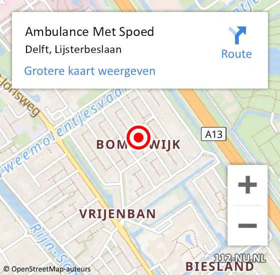 Locatie op kaart van de 112 melding: Ambulance Met Spoed Naar Delft, Lijsterbeslaan op 6 december 2023 23:30