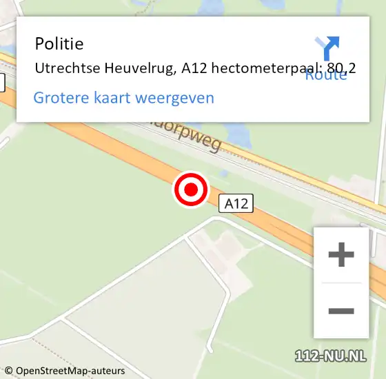 Locatie op kaart van de 112 melding: Politie Utrechtse Heuvelrug, A12 hectometerpaal: 80,2 op 7 december 2023 00:37