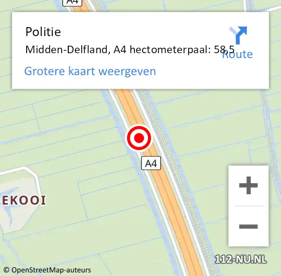 Locatie op kaart van de 112 melding: Politie Midden-Delfland, A4 hectometerpaal: 58,5 op 7 december 2023 03:17