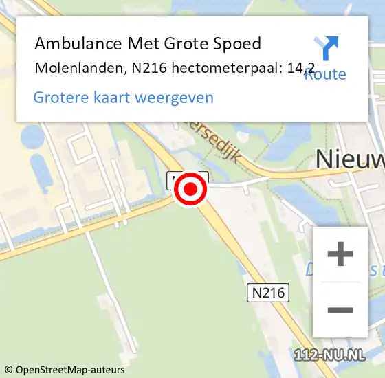 Locatie op kaart van de 112 melding: Ambulance Met Grote Spoed Naar Molenlanden, N216 hectometerpaal: 14,2 op 7 december 2023 07:18