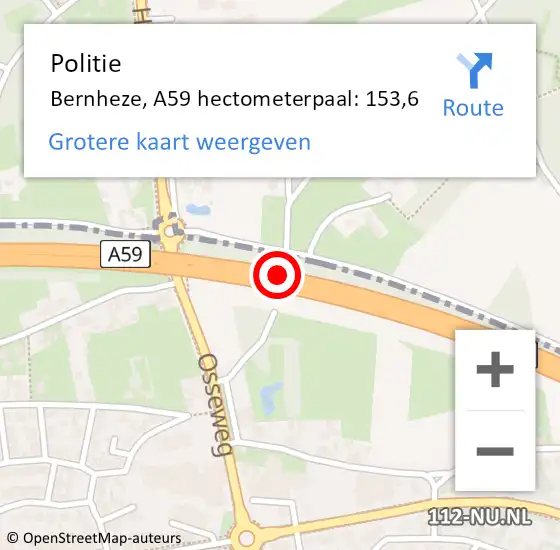 Locatie op kaart van de 112 melding: Politie Bernheze, A59 hectometerpaal: 153,6 op 7 december 2023 07:51