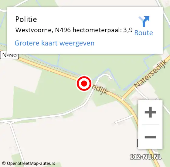 Locatie op kaart van de 112 melding: Politie Westvoorne, N496 hectometerpaal: 3,9 op 7 december 2023 08:45