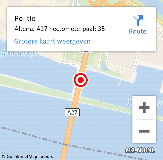 Locatie op kaart van de 112 melding: Politie Altena, A27 hectometerpaal: 35 op 7 december 2023 10:55