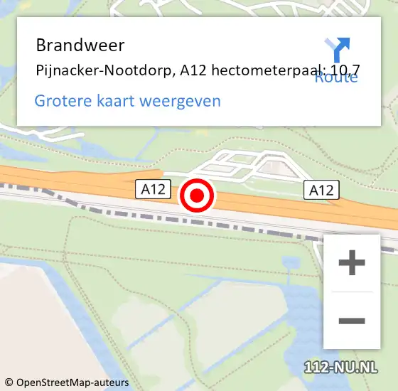 Locatie op kaart van de 112 melding: Brandweer Pijnacker-Nootdorp, A12 hectometerpaal: 10,7 op 7 december 2023 13:44