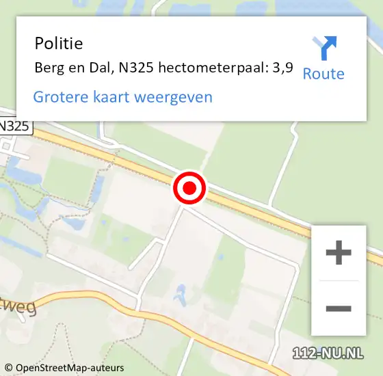 Locatie op kaart van de 112 melding: Politie Berg en Dal, N325 hectometerpaal: 3,9 op 7 december 2023 14:22
