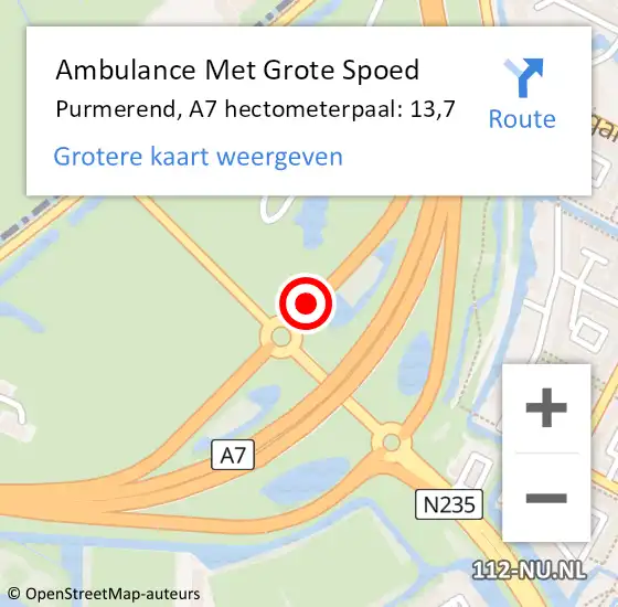 Locatie op kaart van de 112 melding: Ambulance Met Grote Spoed Naar Purmerend, A7 hectometerpaal: 13,7 op 7 december 2023 14:41