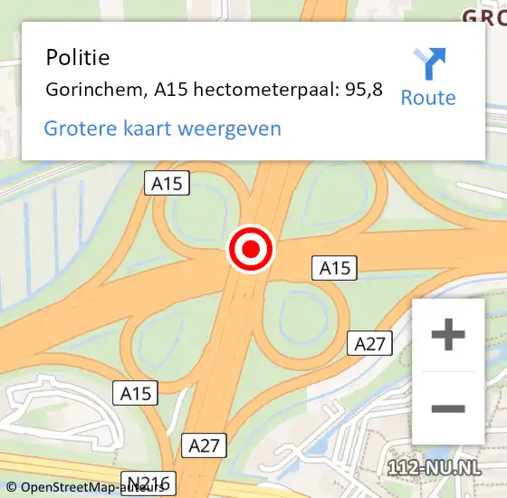 Locatie op kaart van de 112 melding: Politie Gorinchem, A15 hectometerpaal: 95,8 op 7 december 2023 15:31