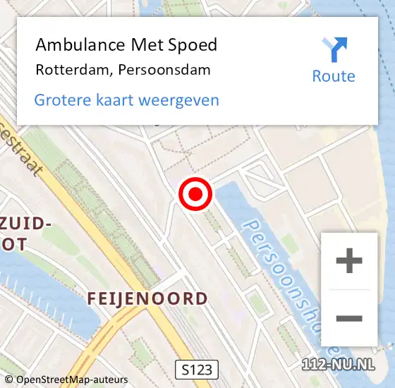 Locatie op kaart van de 112 melding: Ambulance Met Spoed Naar Rotterdam, Persoonsdam op 7 december 2023 15:45