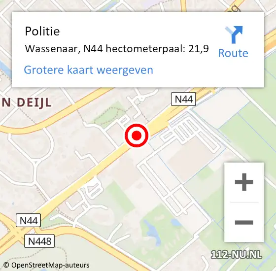 Locatie op kaart van de 112 melding: Politie Wassenaar, N44 hectometerpaal: 21,9 op 7 december 2023 15:59