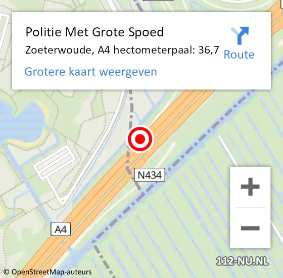 Locatie op kaart van de 112 melding: Politie Met Grote Spoed Naar Zoeterwoude, A4 hectometerpaal: 36,7 op 7 december 2023 16:00