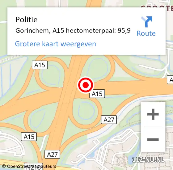 Locatie op kaart van de 112 melding: Politie Gorinchem, A15 hectometerpaal: 95,9 op 7 december 2023 16:13