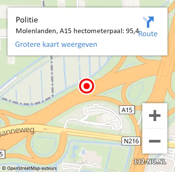 Locatie op kaart van de 112 melding: Politie Molenlanden, A15 hectometerpaal: 95,4 op 7 december 2023 16:14