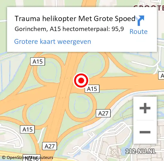 Locatie op kaart van de 112 melding: Trauma helikopter Met Grote Spoed Naar Gorinchem, A15 hectometerpaal: 95,9 op 7 december 2023 16:25