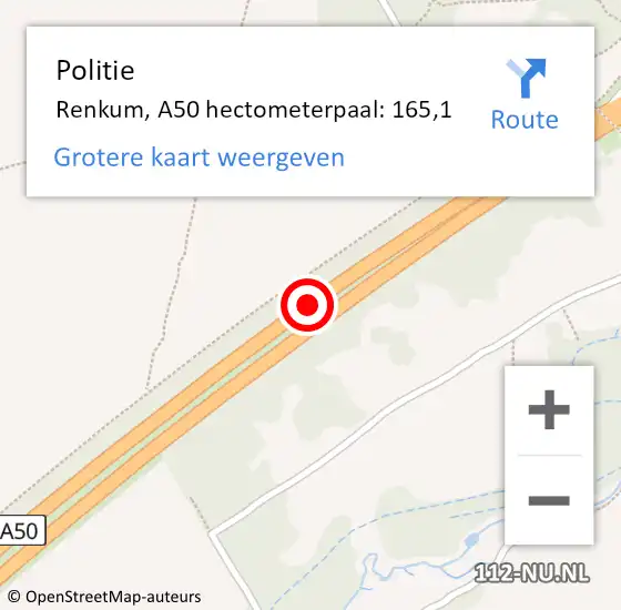 Locatie op kaart van de 112 melding: Politie Renkum, A50 hectometerpaal: 165,1 op 7 december 2023 16:59