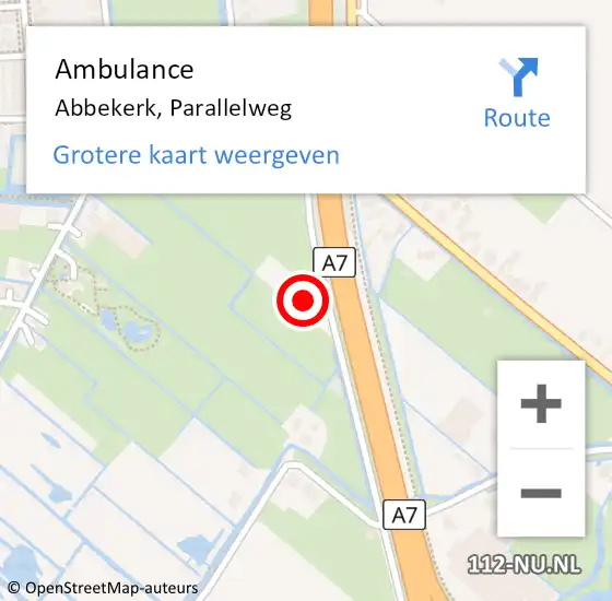 Locatie op kaart van de 112 melding: Ambulance Abbekerk, Parallelweg op 7 december 2023 17:16