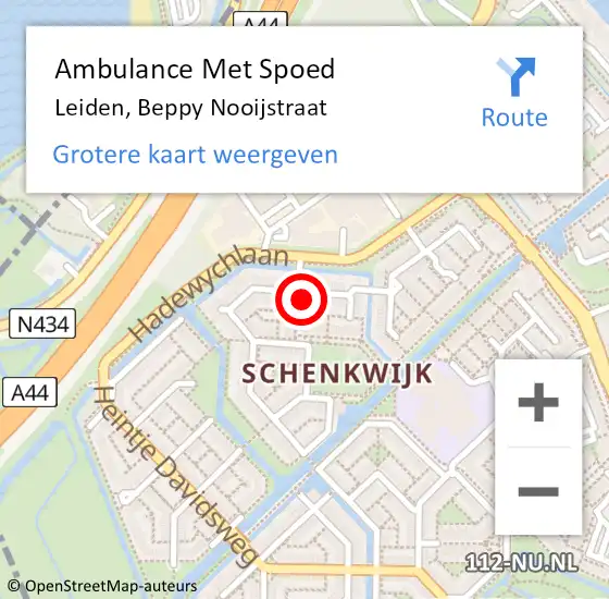 Locatie op kaart van de 112 melding: Ambulance Met Spoed Naar Leiden, Beppy Nooijstraat op 7 december 2023 17:54