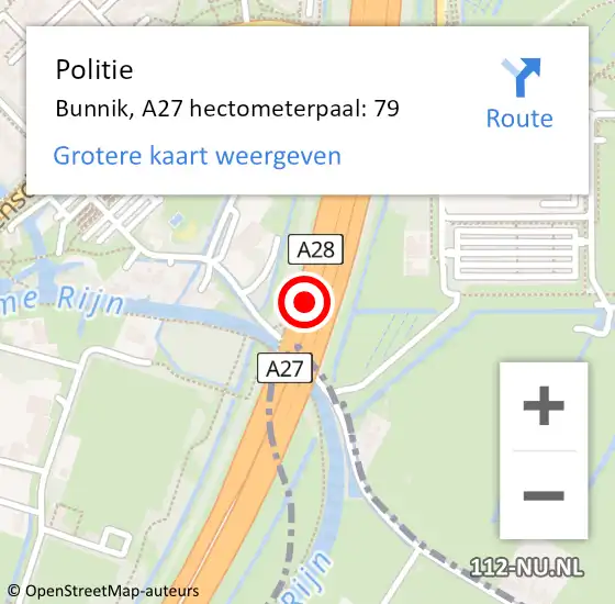 Locatie op kaart van de 112 melding: Politie Bunnik, A27 hectometerpaal: 79 op 7 december 2023 18:21