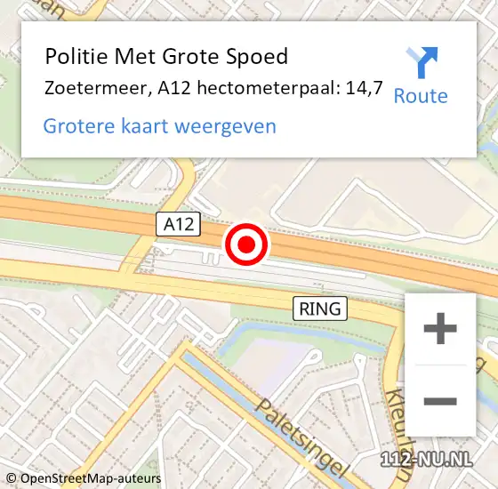 Locatie op kaart van de 112 melding: Politie Met Grote Spoed Naar Zoetermeer, A12 hectometerpaal: 14,7 op 7 december 2023 18:26