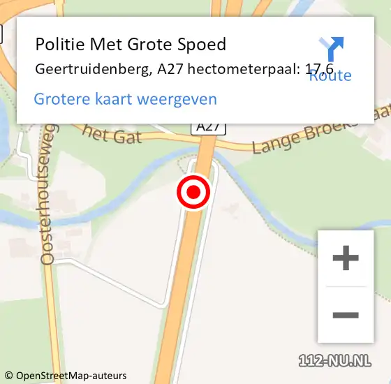 Locatie op kaart van de 112 melding: Politie Met Grote Spoed Naar Geertruidenberg, A27 hectometerpaal: 17,6 op 7 december 2023 20:08