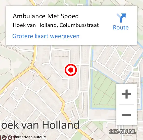 Locatie op kaart van de 112 melding: Ambulance Met Spoed Naar Hoek van Holland, Columbusstraat op 7 december 2023 21:43