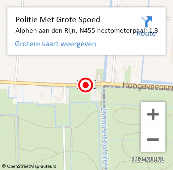 Locatie op kaart van de 112 melding: Politie Met Grote Spoed Naar Alphen aan den Rijn, N455 hectometerpaal: 1,3 op 8 december 2023 00:14