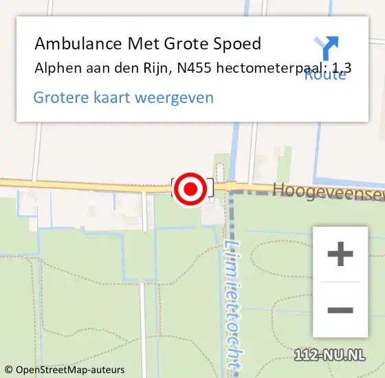 Locatie op kaart van de 112 melding: Ambulance Met Grote Spoed Naar Alphen aan den Rijn, N455 hectometerpaal: 1,3 op 8 december 2023 00:15