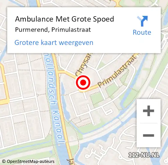 Locatie op kaart van de 112 melding: Ambulance Met Grote Spoed Naar Purmerend, Primulastraat op 8 december 2023 05:11