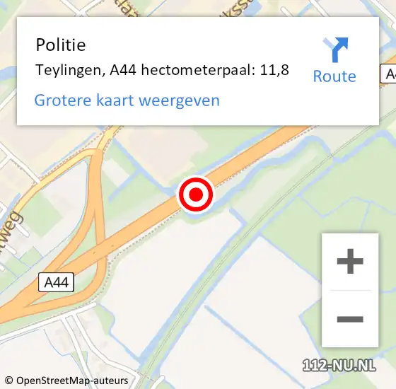 Locatie op kaart van de 112 melding: Politie Teylingen, A44 hectometerpaal: 11,8 op 8 december 2023 07:01