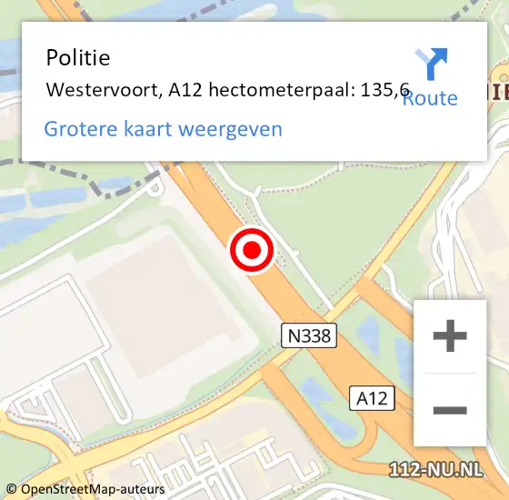 Locatie op kaart van de 112 melding: Politie Westervoort, A12 hectometerpaal: 135,6 op 8 december 2023 07:24