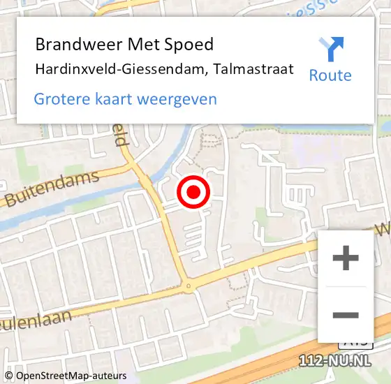 Locatie op kaart van de 112 melding: Brandweer Met Spoed Naar Hardinxveld-Giessendam, Talmastraat op 8 december 2023 09:22