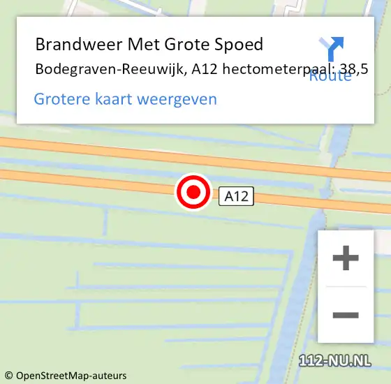 Locatie op kaart van de 112 melding: Brandweer Met Grote Spoed Naar Bodegraven-Reeuwijk, A12 hectometerpaal: 38,5 op 8 december 2023 10:37