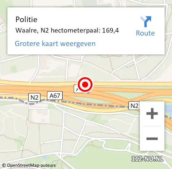 Locatie op kaart van de 112 melding: Politie Waalre, N2 hectometerpaal: 169,4 op 8 december 2023 10:42