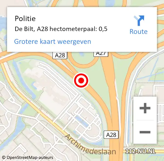 Locatie op kaart van de 112 melding: Politie De Bilt, A28 hectometerpaal: 0,5 op 8 december 2023 14:48