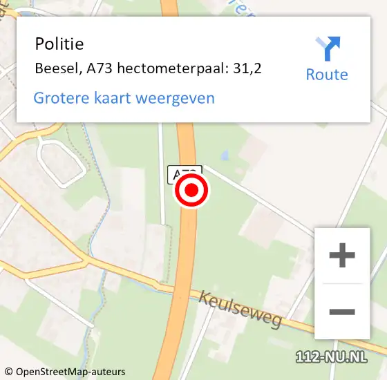 Locatie op kaart van de 112 melding: Politie Beesel, A73 hectometerpaal: 31,2 op 8 december 2023 14:52