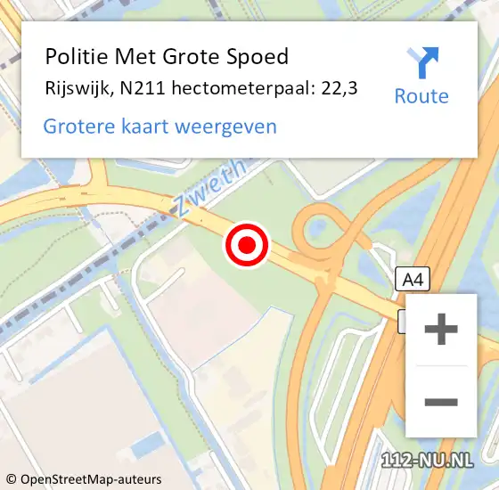 Locatie op kaart van de 112 melding: Politie Met Grote Spoed Naar Rijswijk, N211 hectometerpaal: 22,3 op 8 december 2023 16:46