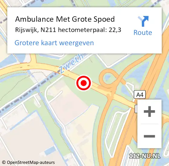 Locatie op kaart van de 112 melding: Ambulance Met Grote Spoed Naar Rijswijk, N211 hectometerpaal: 22,3 op 8 december 2023 16:50
