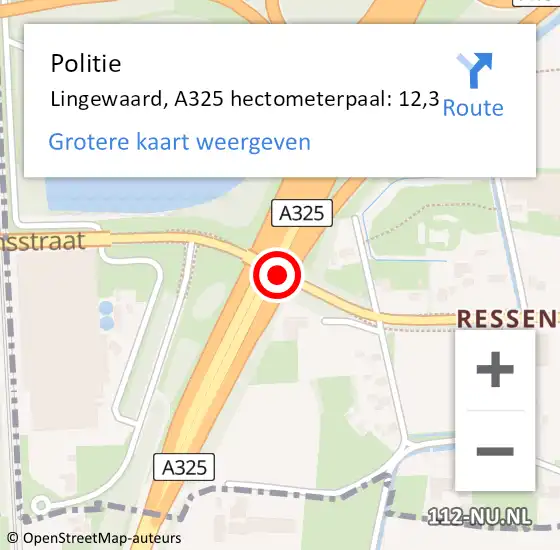 Locatie op kaart van de 112 melding: Politie Lingewaard, A325 hectometerpaal: 12,3 op 8 december 2023 17:47