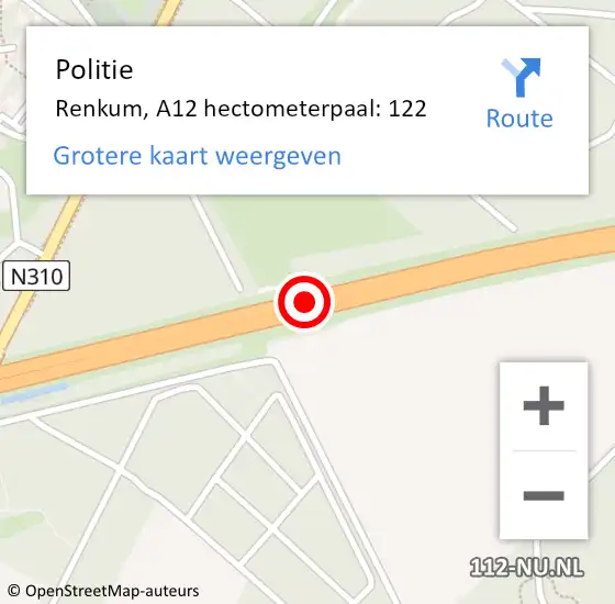 Locatie op kaart van de 112 melding: Politie Renkum, A12 hectometerpaal: 122 op 8 december 2023 18:00