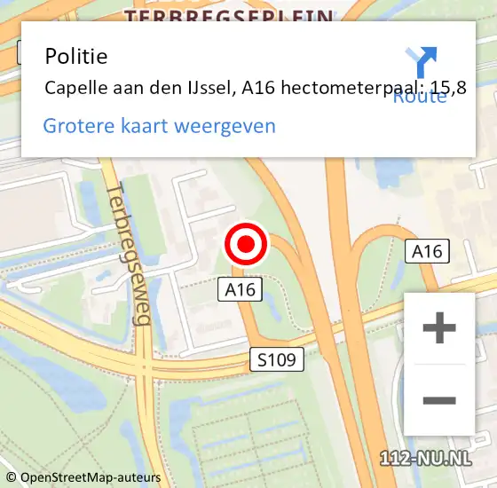Locatie op kaart van de 112 melding: Politie Capelle aan den IJssel, A16 hectometerpaal: 15,8 op 8 december 2023 18:18