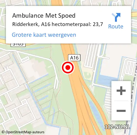 Locatie op kaart van de 112 melding: Ambulance Met Spoed Naar Ridderkerk, A16 hectometerpaal: 23,7 op 8 december 2023 18:25