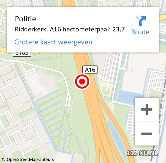 Locatie op kaart van de 112 melding: Politie Ridderkerk, A16 hectometerpaal: 23,7 op 8 december 2023 18:25