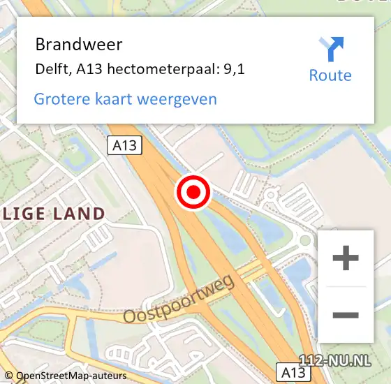 Locatie op kaart van de 112 melding: Brandweer Delft, A13 hectometerpaal: 9,1 op 8 december 2023 18:39